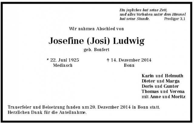 Bonfert Josefine 1925-2014 Todesanzeige